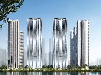 High Rise Residential Buildings With Waterfront Green Trees And City Skyline Under Blue Sky 3d model