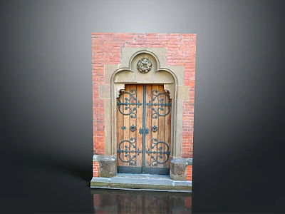 Red Brick Entrance Door With Wooden Panels Iron Decorative Elements Circular Ornament And Stone Steps 3d model
