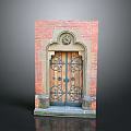 Red Brick Entrance Door With Wooden Panels Iron Decorative Elements Circular Ornament And Stone Steps