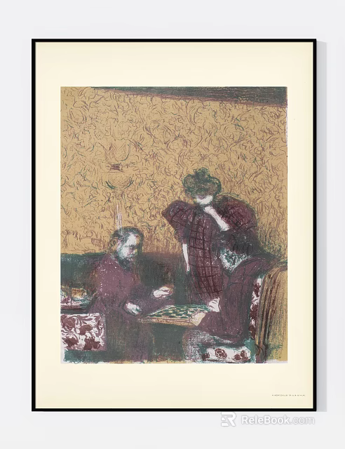 Three People Playing Chess on Sofa with Patterned Wallpaper in Artwork 3d model 