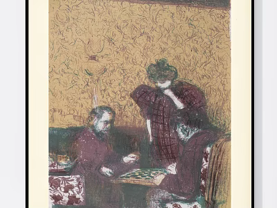 Three People Playing Chess on Sofa with Patterned Wallpaper in Artwork 3d model