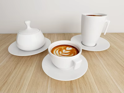 White Coffee Cups with Saucers on Wooden Tabletop Featuring Latte Art and Covered Container 3d model