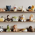 Cute Stuffed Plush Dolls Collection On Multiple Shelf Display With Various Animal Characters 3d model