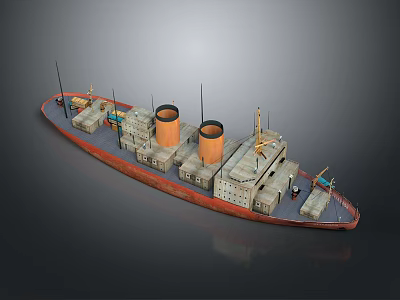Vintage Warship Model With Red Gray Hull Two Orange Funnels And Deck Details 3d model