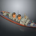 Vintage Warship Model With Red Gray Hull Two Orange Funnels And Deck Details
