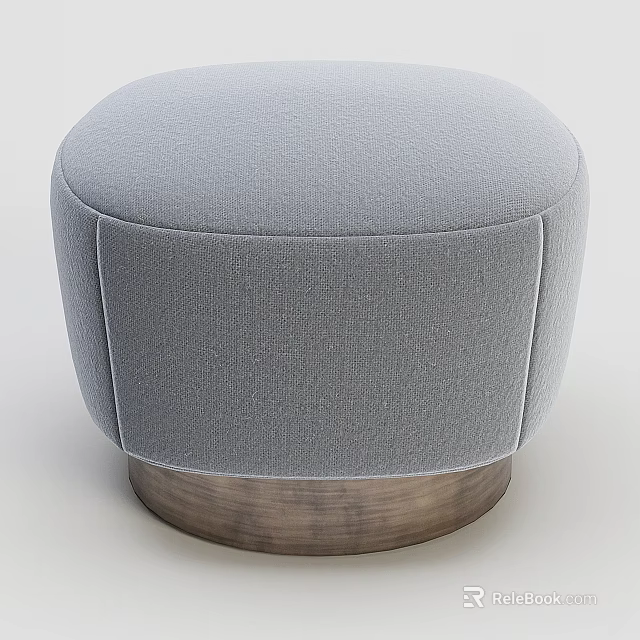 Gray Upholstered Round Ottoman With Modern Design And Metal Base 3d model