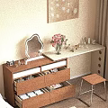 Wooden Dressing Table With Drawers Mirror Table Lamp Cosmetics Perfumes And Pink Flowers Near Curtains