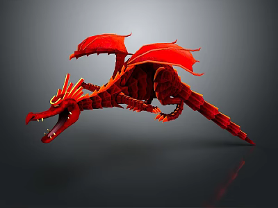 Red Dragon 3D Model Featuring Open Mouth Wings Scales And Reflection On Dark Background 3d model