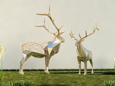 Golden Geometric Deer Shaped Art Installation on Green Grass with White Wall Background 3d model