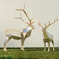 Golden Geometric Deer Shaped Art Installation on Green Grass with White Wall Background