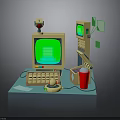Vintage Electronic Devices Setup With Green Screen Monitor Keyboard Telephone Desk Lamp And Cup