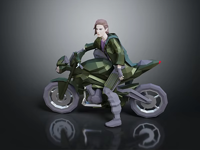 Low Poly 3D Model Green Motorcycle With Rider In Dark Background And Reflection 3d model