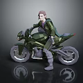 Low Poly 3D Model Green Motorcycle With Rider In Dark Background And Reflection 3d model