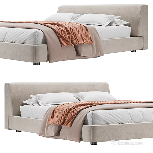 Modern Light Gray Double Bed With Upholstered Headboard White Sheets And Orange Throw Blanket 3d model