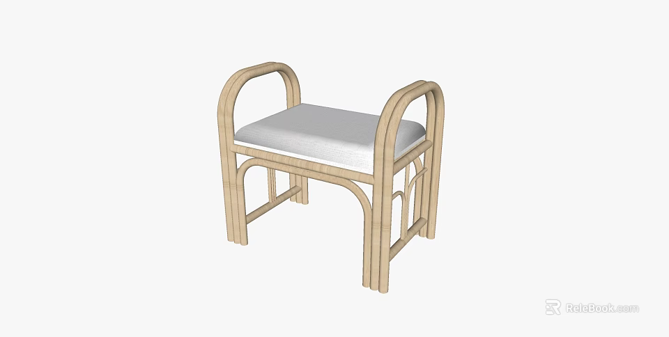 Simple Wooden Stool With Curved Armrests And Padded White Seat For Modern Home 3d model 