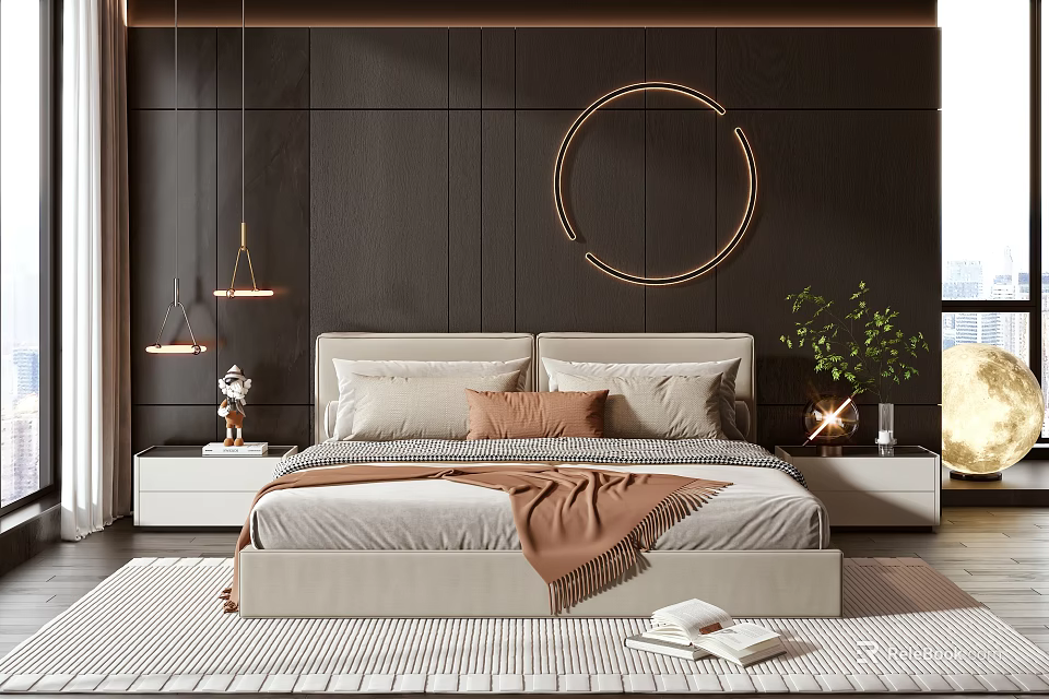 Beige Headboard Double Bed Interior With Dark Wall Panel Golden Decor And Hanging Pendant Lights 3d model 