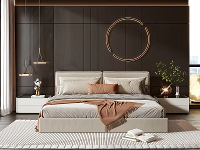 Beige Headboard Double Bed Interior With Dark Wall Panel Golden Decor And Hanging Pendant Lights 3d model