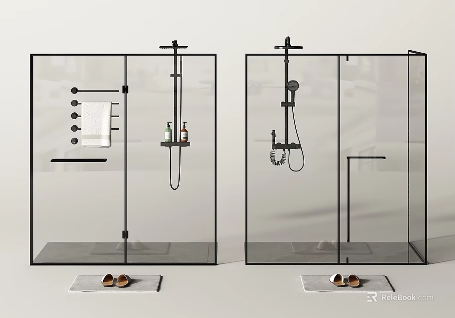 Modern Shower Head with Handheld Overhead Sprayers and Towel in Black Frame Glass Shower Enclosure 3d model 