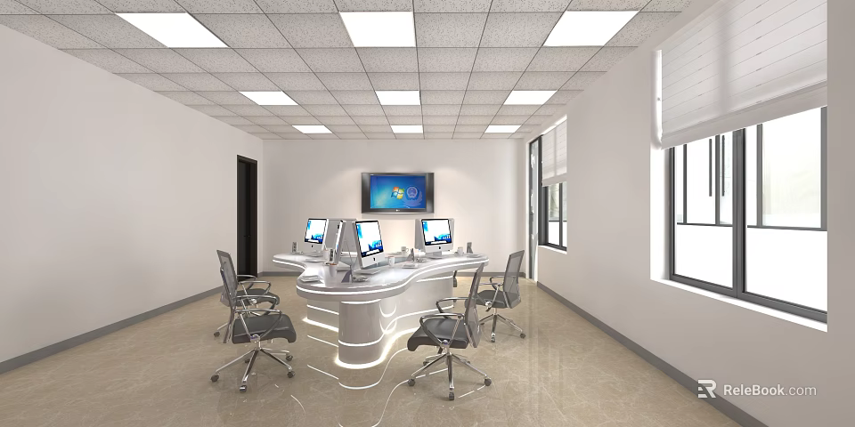 Modern Bright Office Interior With Curved Workstation Computer Monitors Windows And Ceiling Lights 3d model 