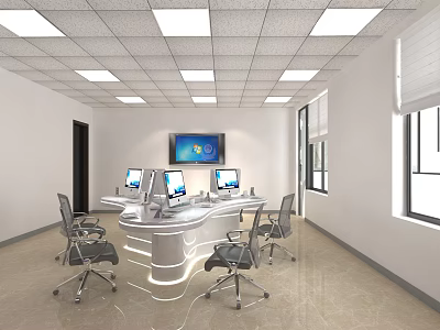 Modern Bright Office Interior With Curved Workstation Computer Monitors Windows And Ceiling Lights 3d model