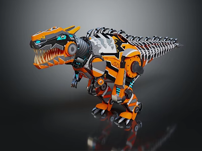 Smart Machine Mechanical Dinosaur With Orange Body Sharp Teeth And Glowing Eyes 3d model