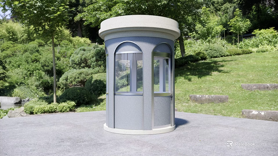 Round Gray Security Booth Outdoor With Green Trees Grass Domed Roof And Arched Windows 3d model 