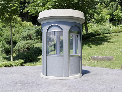 Round Gray Security Booth Outdoor With Green Trees Grass Domed Roof And Arched Windows 3d model