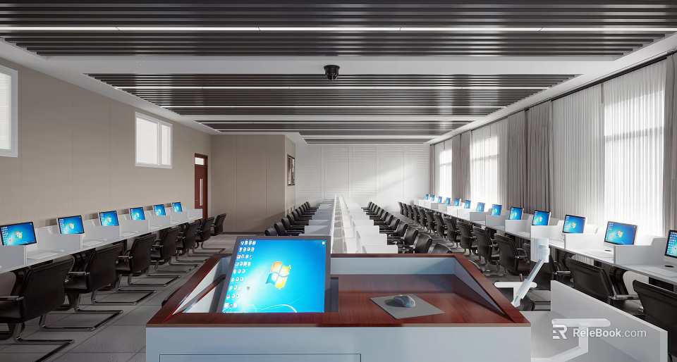 School Computer Classroom Featuring Arranged Computer Desks Student Workstations And Front Teaching Platform 3d model 