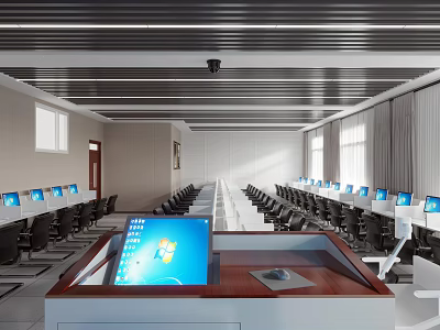 School Computer Classroom Featuring Arranged Computer Desks Student Workstations And Front Teaching Platform 3d model