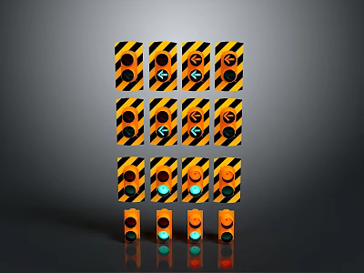 Yellow And Black Striped Traffic Lights Arranged In Rows With Individual Bottom Units 3d model