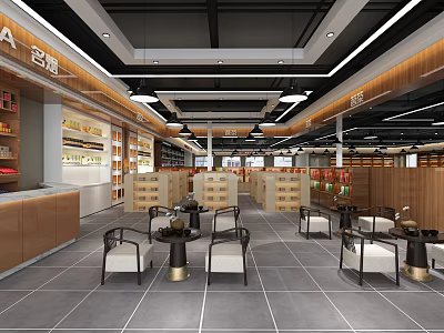 Spacious Supermarket Interior With Organized Shelves Products Seating Area And Modern Lighting 3d model