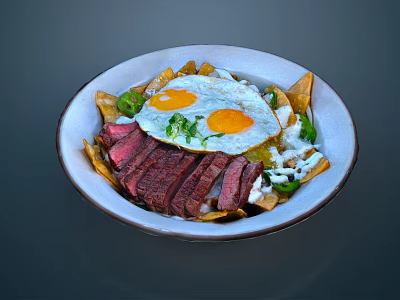 Sliced Steak Fried Eggs Bowl With Tortilla Chips Green Herbs And White Sauce 3d model