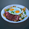Sliced Steak Fried Eggs Bowl With Tortilla Chips Green Herbs And White Sauce