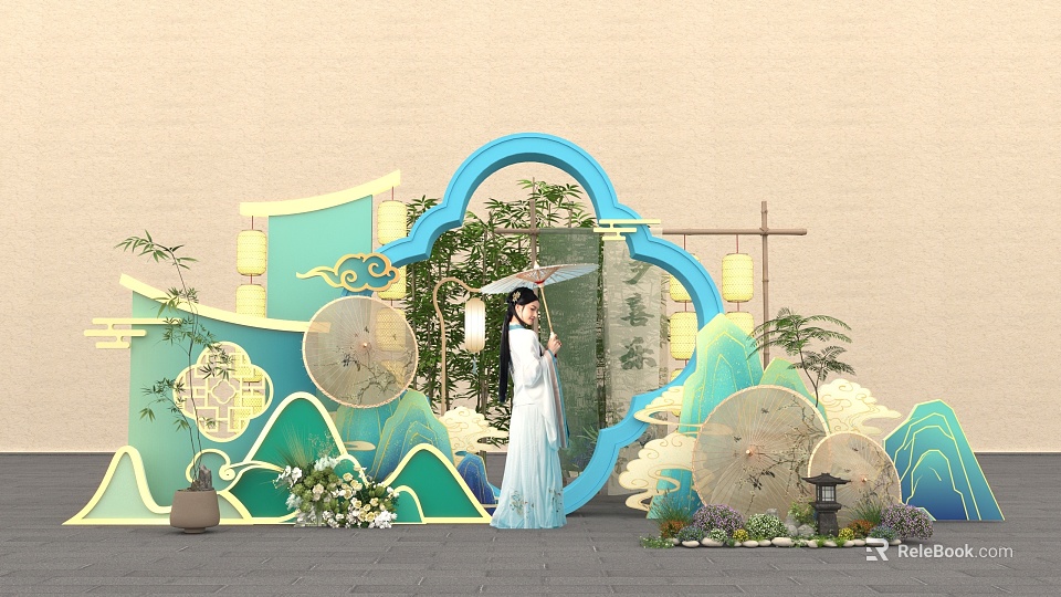 Chinese Traditional Check-in Photo Spot With Hanfu Woman Fan Lantern Bamboo Blue Green Decorations 3d model 