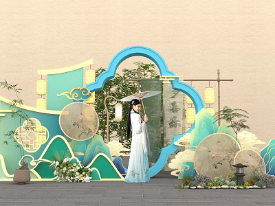 Chinese Traditional Check-in Photo Spot With Hanfu Woman Fan Lantern Bamboo Blue Green Decorations 3d model