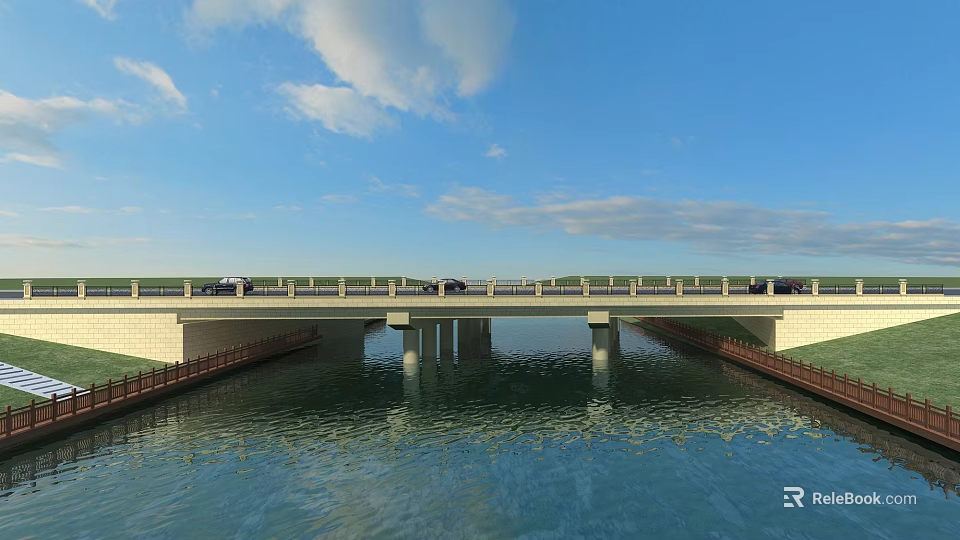 Modern Bridge Over Calm Water With Cars Driving And Blue Sky Background 3d model 