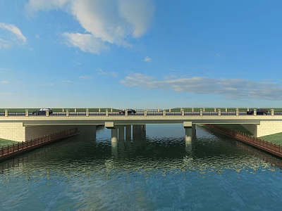 Modern Bridge Over Calm Water With Cars Driving And Blue Sky Background 3d model