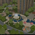 Residential Garden Landscape With Central Gazebo Fountains Ponds Green Lawns Trees And Playground