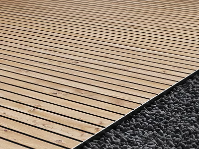 Natural Light Brown Wooden Flooring With Horizontal Planks And Adjacent Gravel 3d model