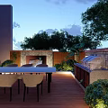 Beautiful Garden Landscape With Stone Stepping Path Lush Green Plants Outdoor Lighting And Wooden Bench