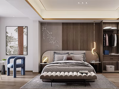 Modern Bedroom Interior With Wooden Accent Wall Bedside Lamp Built-in Wardrobe And Accent Chair 3d model