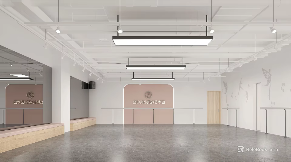 Modern Dance Studio Shopping Mall Store With Bright Interior Mirrors Ballet Barres And Wooden Floors 3d model 