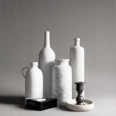 White Ceramic Vases and Jars in Various Shapes for Decorative Home Interior 3d model