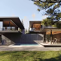 Luxury Modern Detached House With Large Windows Courtyard Trees And Lighting
