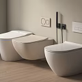 Three White Wall Mounted Toilets In Modern Bathroom With Light Colored Walls And Wooden Flooring