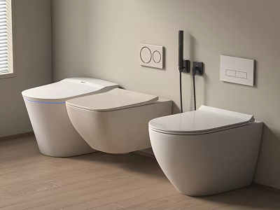 Three White Wall Mounted Toilets In Modern Bathroom With Light Colored Walls And Wooden Flooring 3d model