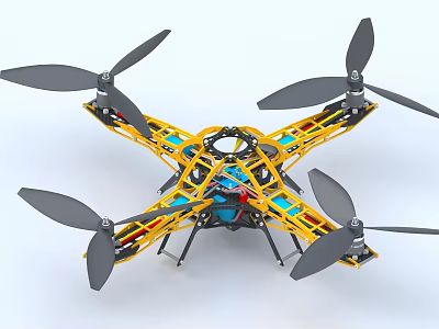 Four Rotor Yellow Frame Quadcopter with Black Propellers and Structure Design 3d model