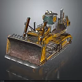 Yellow Bulldozer with Tracks and Large Blade Worn Metal Structure and Cab on Gray Background