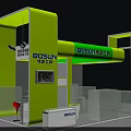 BOSUN Green Exhibition Booth With Lighting Screen Red Stool And Desk Elements 3d model