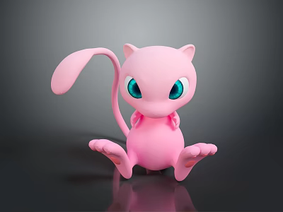 Pink Cat Like Creature With Big Blue Eyes Long Tail Sitting On Black Reflective Surface 3d model
